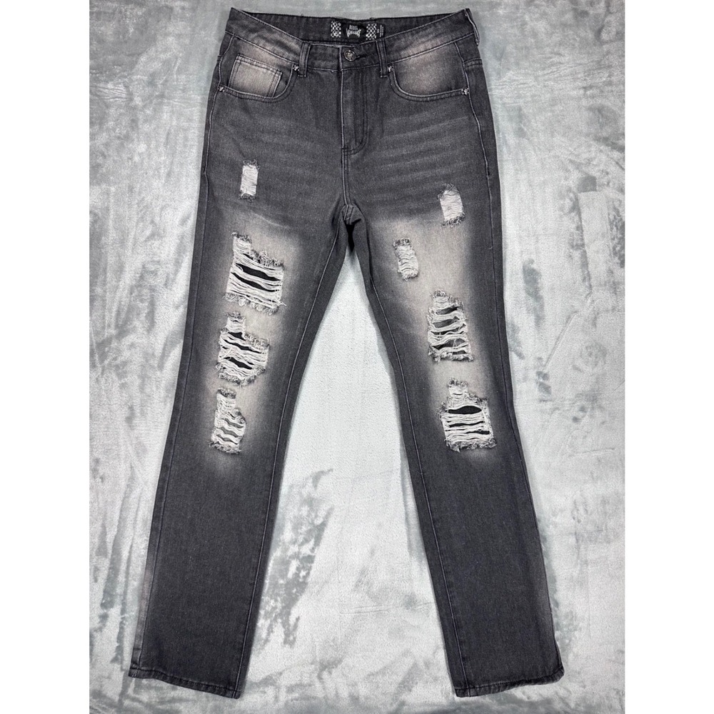 Rebel Vengeance Mens Distressed Skull Flame Embroidered Jeans Black Size 30